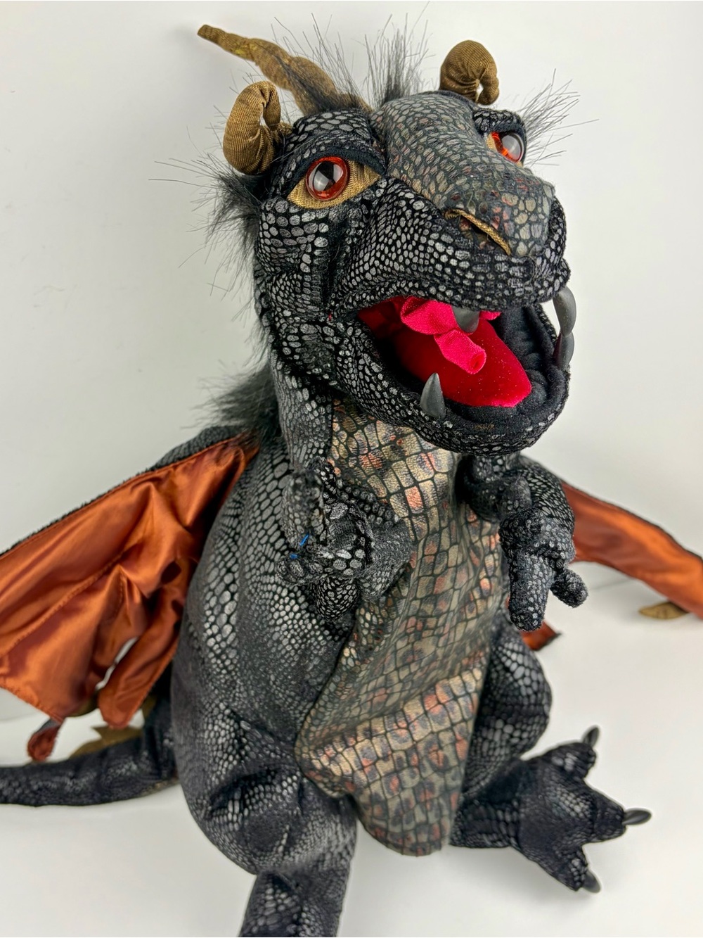 FOLKMANIS Black Dragon Large 24 in Plush Hand Puppet with Wings